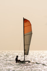 Small twin hull sailing boat on calm ocean.