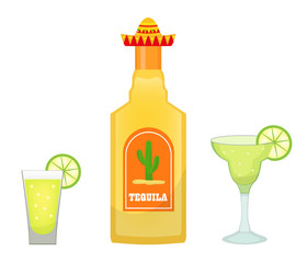 Tequila bottle with glasses and pieces of lime icon flat, cartoon style isolated on white background. Vector illustration, clip art. Traditional Mexican drink