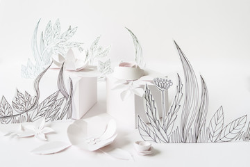 3d paper flowers with painted leaves and stems, white gifts and white paper flowers