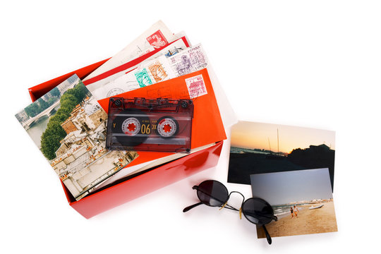 Red box with clipping path, filled with letters and photos taken in Paris and south of France.