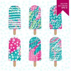set of bright ice cream.  Splashes of paint with hand drawn elements