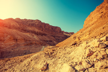 Mountain landscape with blue sky. Judaean Desert, Masada, Israel