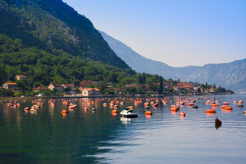 Fototapeta na wymiar Oyster farms in the Kotor Bay, Montenegro, Kotor-Risan 