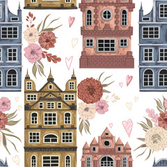 Amsterdam. Seamless pattern with historic buildings and traditional architecture of Netherlands. Old houses with floral elements. Vintage hand drawn vector illustration in watercolor style.
