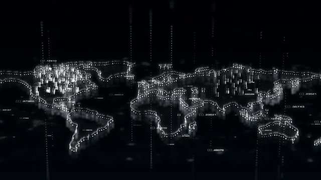 CGI 3D animation of white glowing hologram of world map with data rotating in digital space; suitable for use in hud and sci-fi projects 