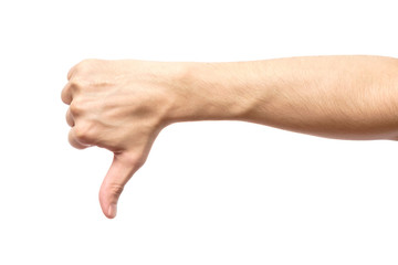Thumb down male hand sign isolated