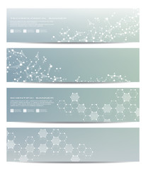 Fototapeta na wymiar Set of modern scientific banners. Molecular structure of DNA and neurons. Geometric abstract background. Medicine, science, technology, business and website templates. Vector illustration