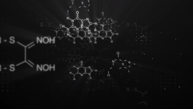 Fly-through animation of white chemical chains floating in dark digital space