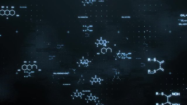Zoom in of blue chemistry chains and formulas flying in dark digital space 