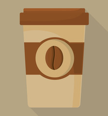 disposable coffee cup over brown background. colorful design. coffee shop concept. vector illustration