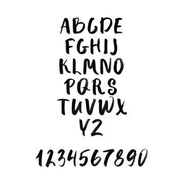 Calligraphic font. Handwritten alphabet in brush style with figures. Vector illustration.