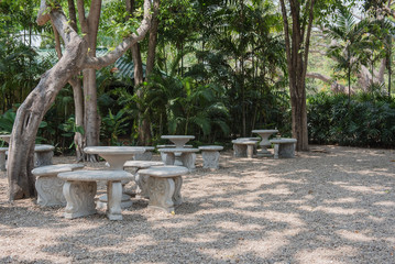 stone Circle table and chair outdoor in the garden.