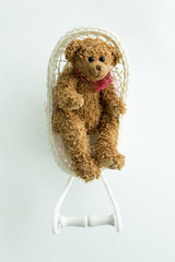 A teddy bear lies in a stroller