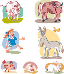 farm animals, child running,