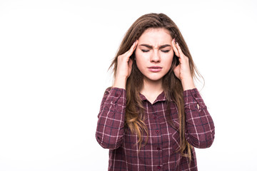 Fototapeta premium Portrait of a pretty woman in plaid shirt holds drawings in rolls stress and headache having migraine pain