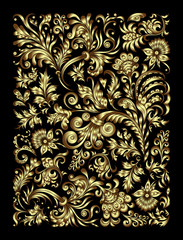 Doodle golden metallic floral hand draw pattern. Vector illustration. Cover template. Gold on black.