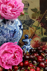 pink peonies, dutch painting background, delft blue
