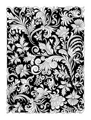 Design of spiral ornamental floral notebook cover. Cover for notebook with hand drawing floral ornament. .Indian motif ornament, paisly. Black and white line art. Vintage style design.