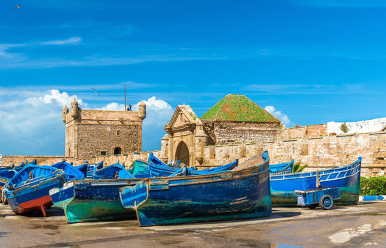 Blue fishing boats in the port of Essaouira, Morocco