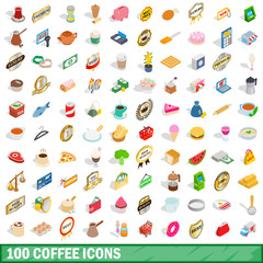100 coffee icons set, isometric 3d style