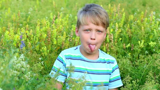 Closeup portrait of funny little kid making funny faces outside in beautiful summer meadow. Blond caucasian child dressed in casual blue t-shirt sits in green grass. Real time full hd video footage.