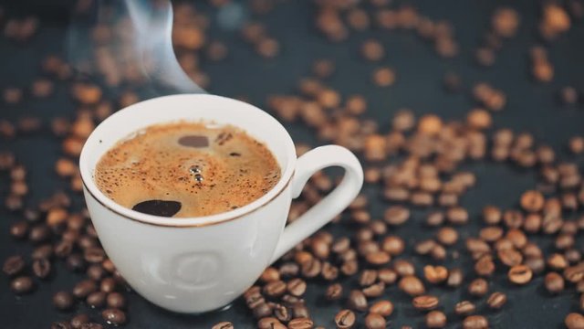 Coffee. Cup of Hot Coffee Espresso. Coffee or Tea. Slow motion. Dolly shot