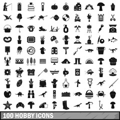 100 hobby icons set, simple style 