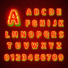 Red fluorescent neon font on dark background. Nightlight alphabet. Vector illustration.