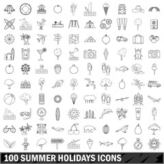 100 summer holidays icons set, outline style