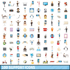100 support icons set, cartoon style