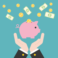 Business hand holding piggy bank with flying coins and dollar bank, flat design vector