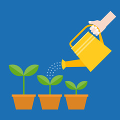 Hand holding watering can watering plant in pot, flat design vector