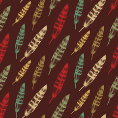 Vector colorful seamless feather pattern in sketch style. Hand drawing plumage endless texture.