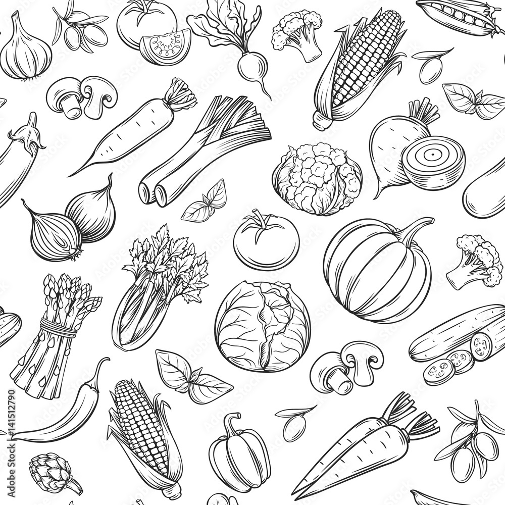 Sticker hand drawn vegetables seamless pattern.