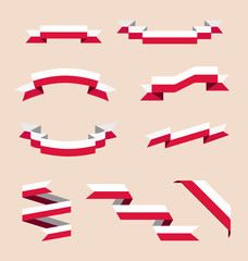 Vector set of scrolled isolated ribbons or banners in colors of Polish flag.