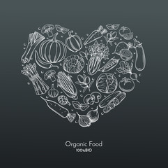 heart composition with hand drawn vegetables