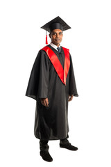 Male african american graduate in gown and cap