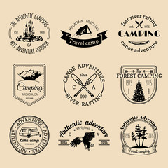 Vector set of camping logos. Tourism emblems or badges. Signs collection of outdoor adventures with Indian elements.