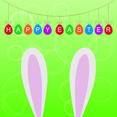 Vector Easter greeting card with bunny ears on green background.