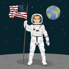 Young astronaut standing on the moon holding usa flag on the backround of earth