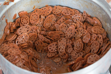 Lotus Root in Syrub in the pot - Lotus root dessert,nutural herb dessert.