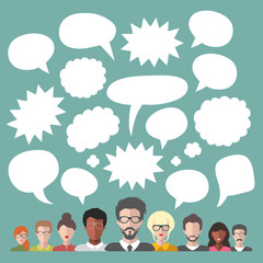 Vector illustration of social media icons in speech bubbles with group of people in trendy flat style.