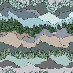 Behang Bergen naadloos patroon met bomen en bergen