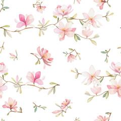 Seamless floral pattern with magnolias on a white background, watercolor. Vector illustration. - obrazy, fototapety, plakaty