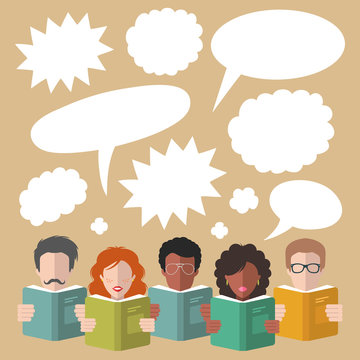Vector illustration of speech bubbles with people reading books in flat style.