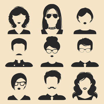 Vector set of different male and female icons in trendy flat style. People faces or heads images.