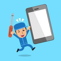 Cartoon a technician and big smartphone
