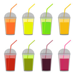 Set of cup with lid smoothies, fresh fruit juices and cocktails cherry, mandarin, strawberry, kiwi, banana, berry. Vector illustration on white background