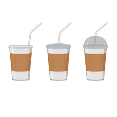 Set of white plastic cups with lid and straw. For coffee, tea, juice, cocktails. Abstract concept. Vector illustration.