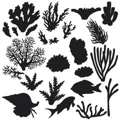 Naklejka premium Reef Animals and Corals Silhouette Set